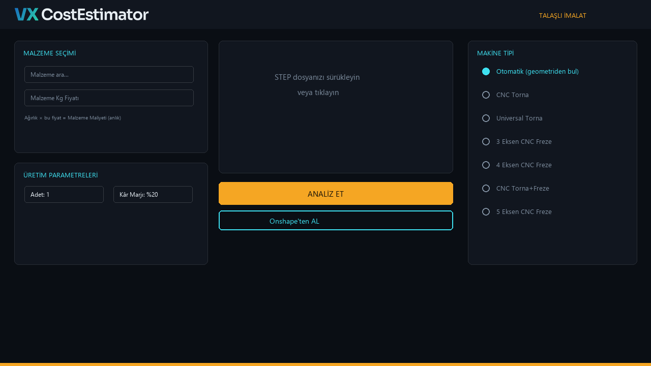 VX CostEstimator analiz sonucu ekranı