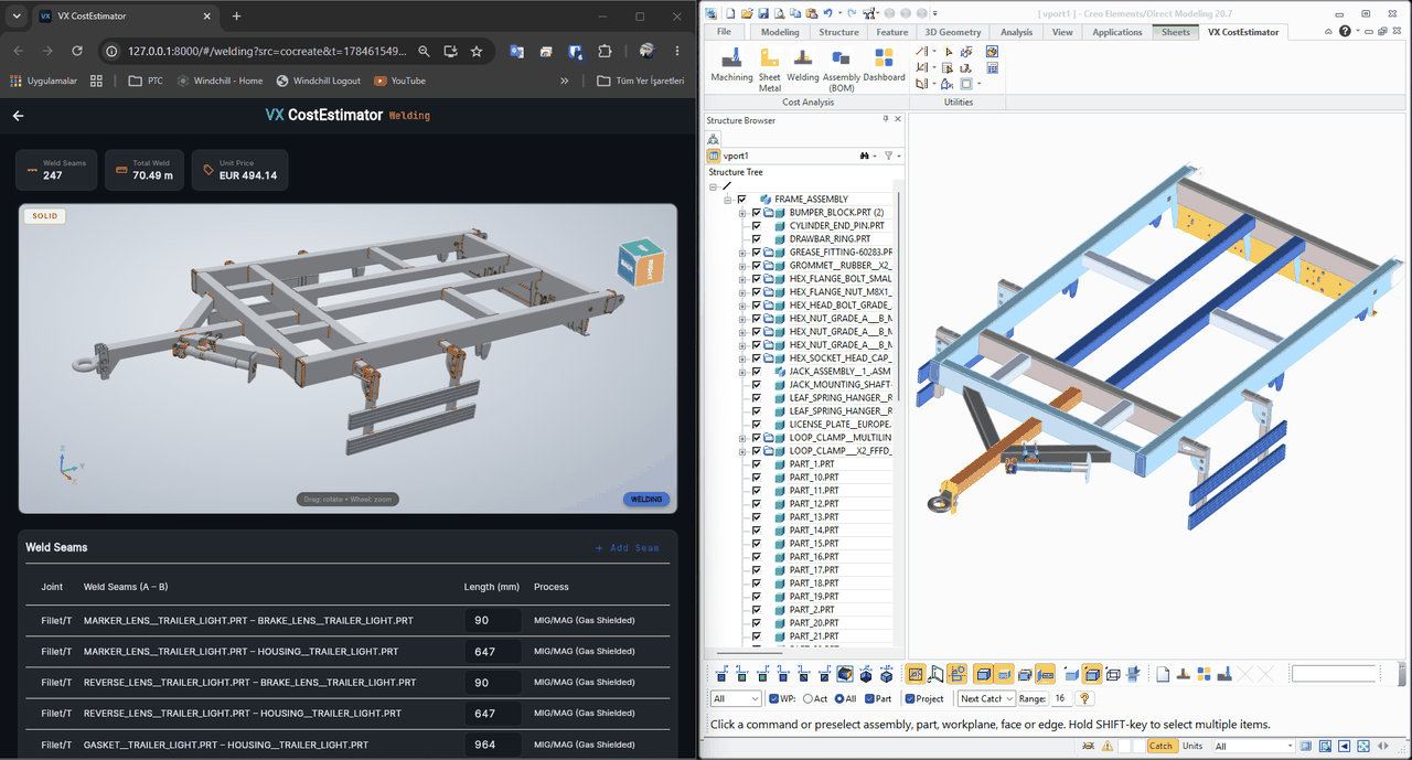 Creo Elements/Direct Modeling içinde VX CostEstimator sekmesi