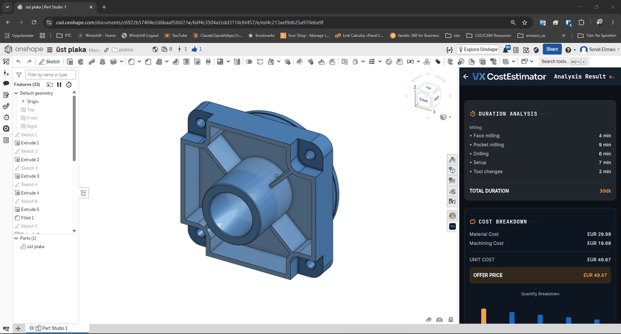 Onshape içinde VX CostEstimator